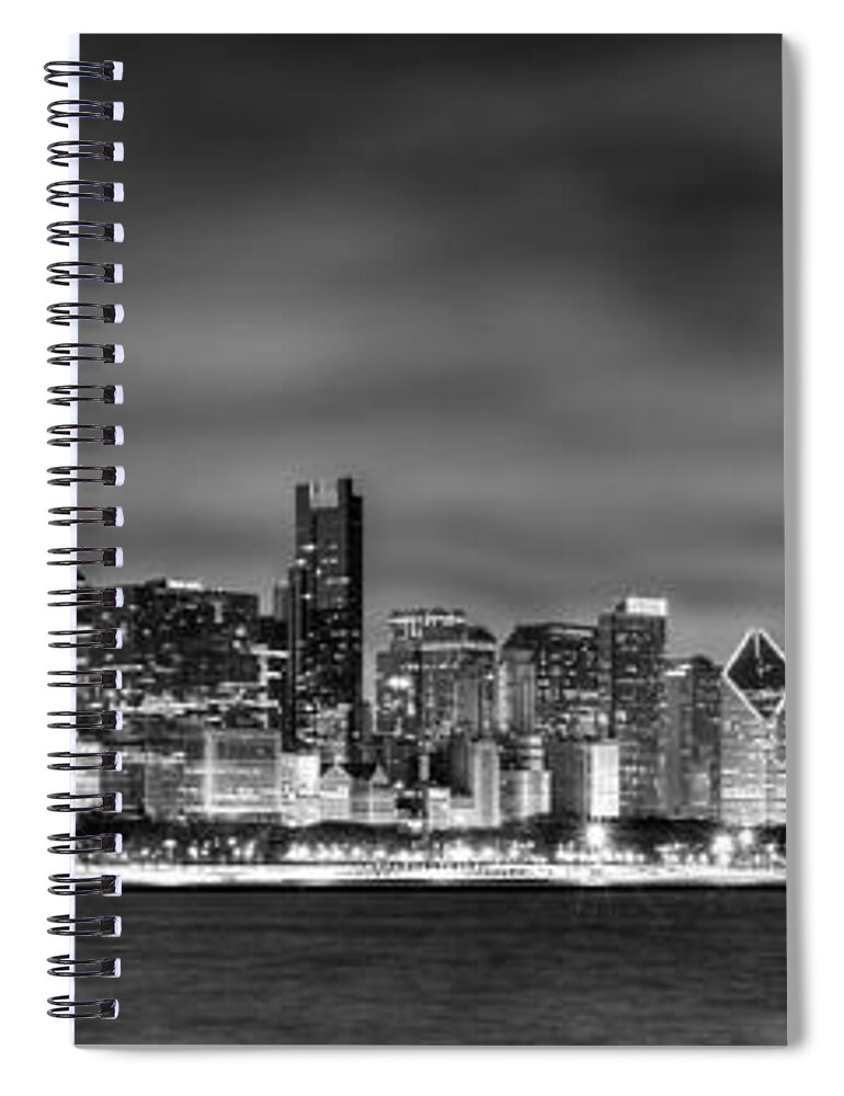 Chicago Skyline Spiral Notebook featuring the photograph Chicago Skyline at NIGHT black and white by Jon Holiday