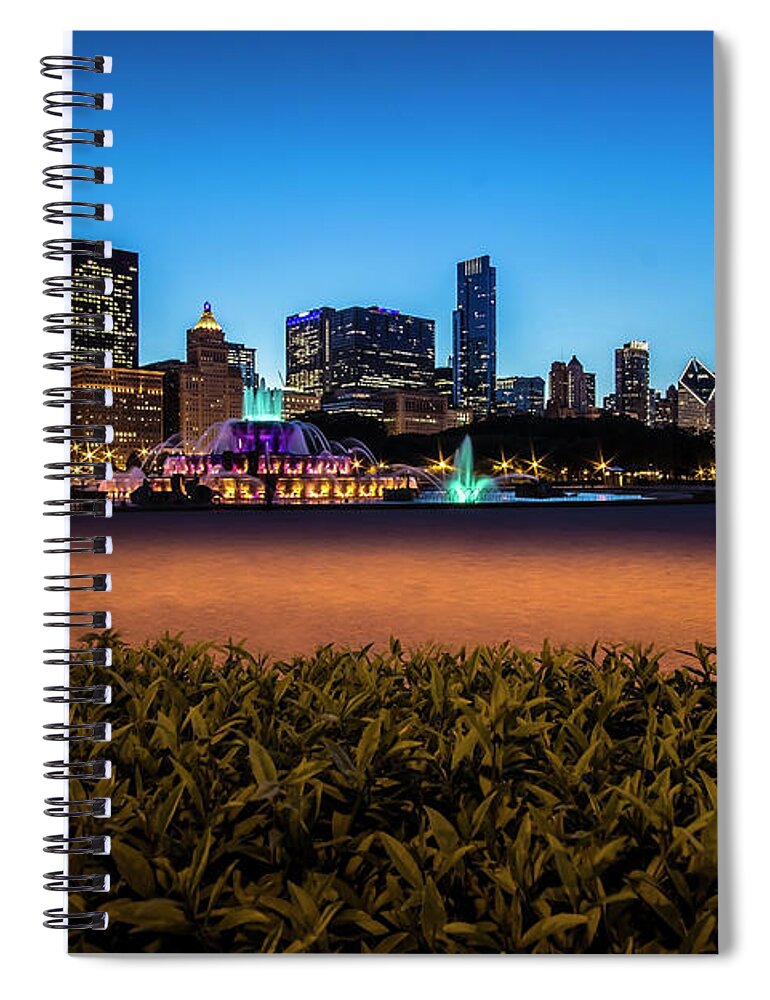 Clarence Buckingham Fountain Spiral Notebook featuring the photograph Chicago's Buckingham Fountain at dusk by Sven Brogren
