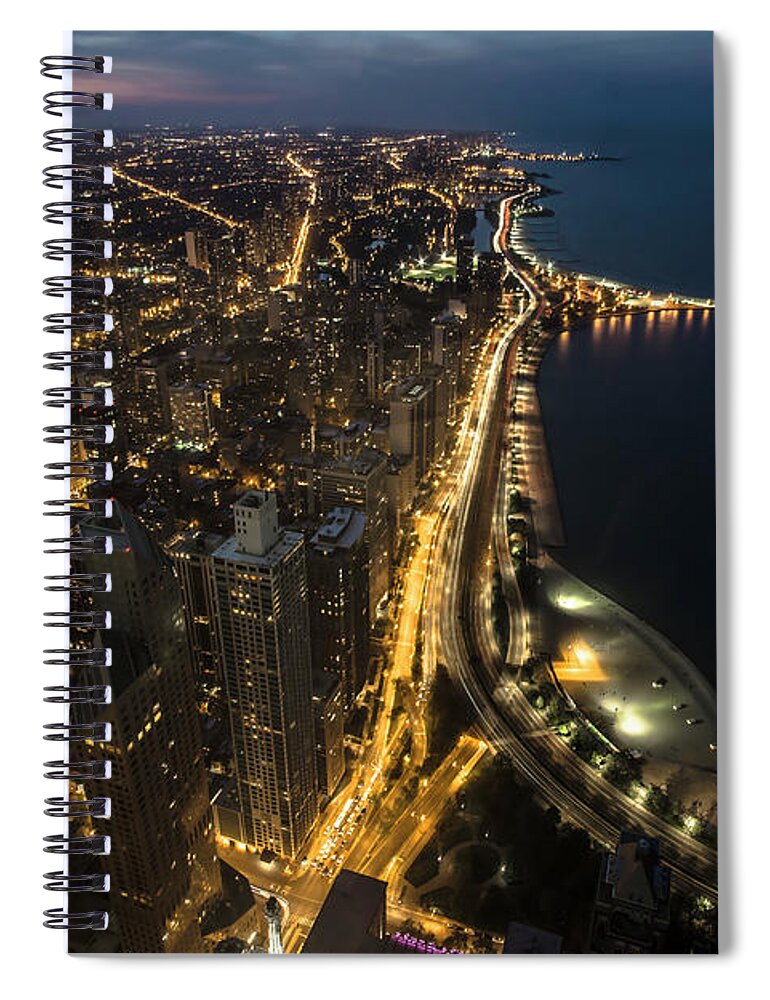 John Hancock Spiral Notebook featuring the photograph Chicago's north side from above at night by Sven Brogren