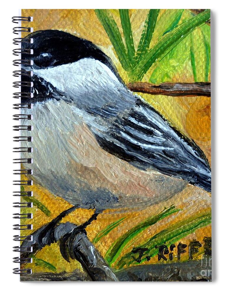 Chickadee Spiral Notebook featuring the painting Chickadee in the Pines - Birds by Julie Brugh Riffey