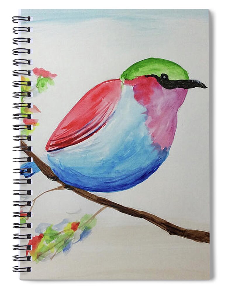 Watercolor Spiral Notebook featuring the painting Chickadee with green head on a branch by Martin Valeriano