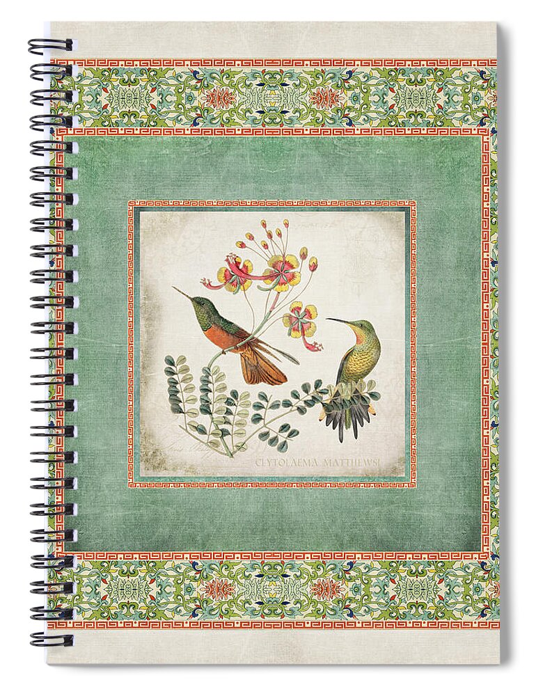 Chinese Ornamental Paper Spiral Notebook featuring the digital art Chinoiserie Vintage Hummingbirds n Flowers 1 by Audrey Jeanne Roberts