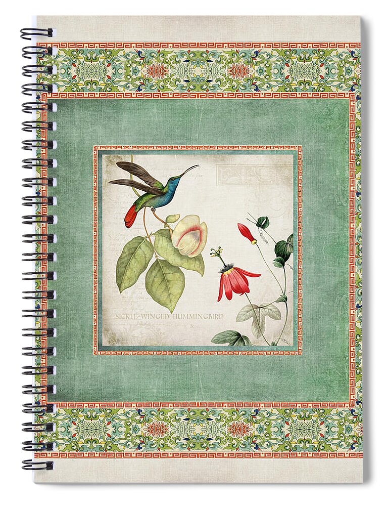 Chinese Ornamental Paper Spiral Notebook featuring the digital art Chinoiserie Vintage Hummingbirds n Flowers 2 by Audrey Jeanne Roberts