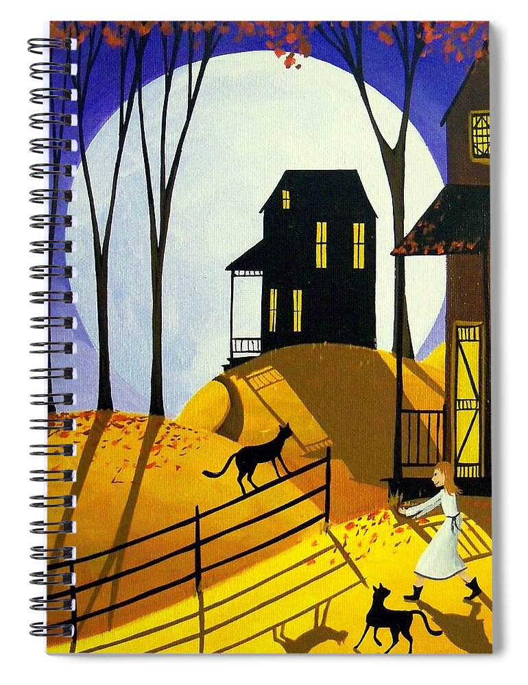 Folk Art Spiral Notebook featuring the painting Chow Time - folk art cats girl by Debbie Criswell