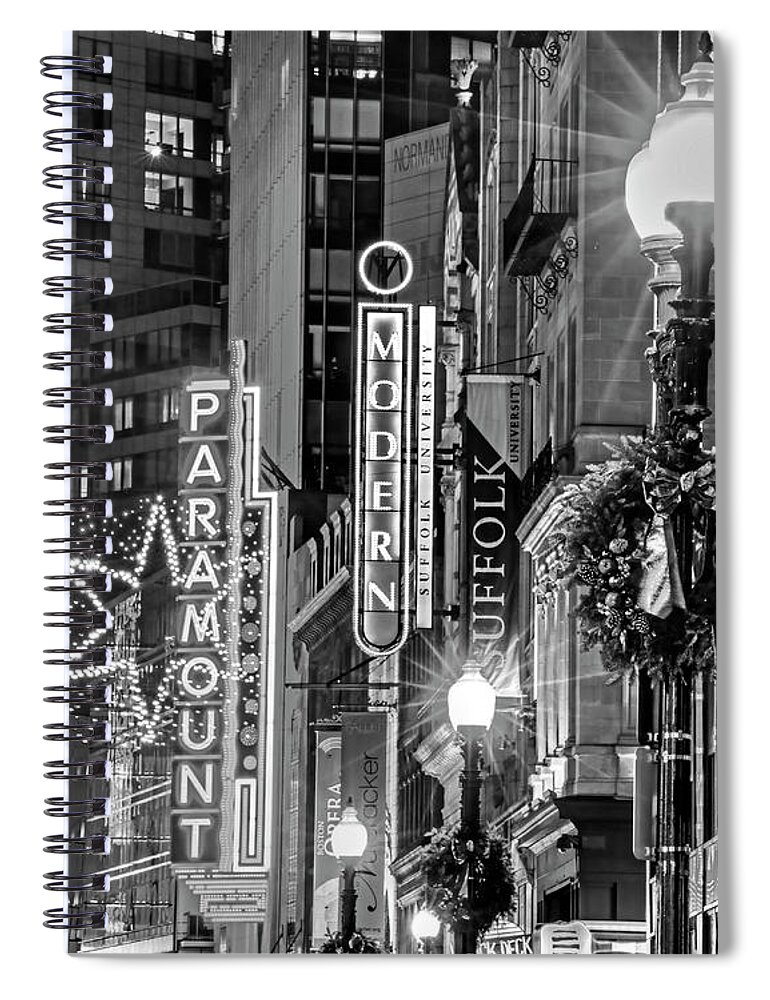 Boston Spiral Notebook featuring the photograph Christmas in Downtown Boston MA Paramounr Washington Street Black and White by Toby McGuire