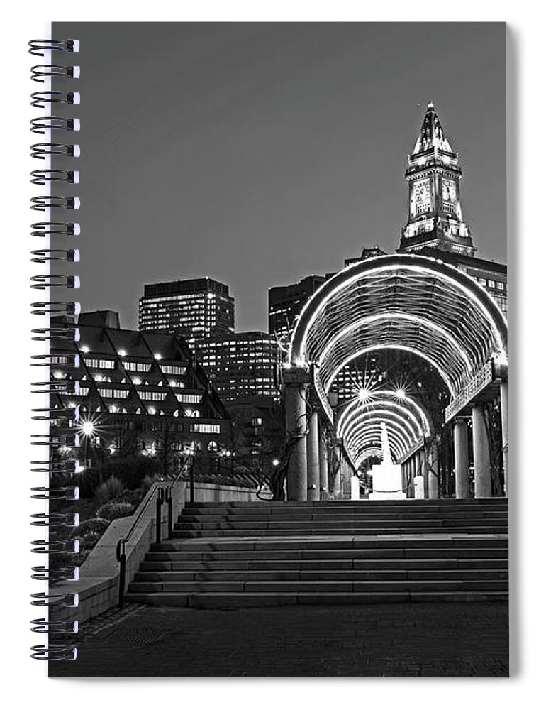 Christopher Spiral Notebook featuring the photograph Christopher Columbus Park Boston MA Trellis Custom House Black and White by Toby McGuire