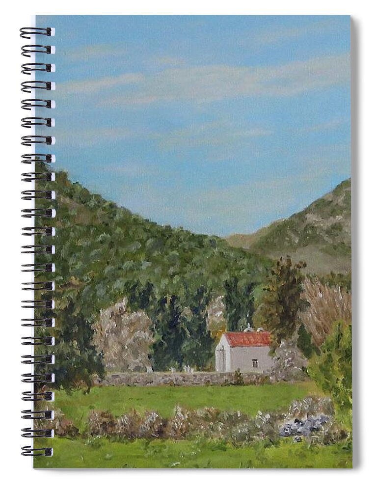 Landscape Spiral Notebook featuring the painting Church at Gonias, Askyfou Plateau, Crete by David Capon