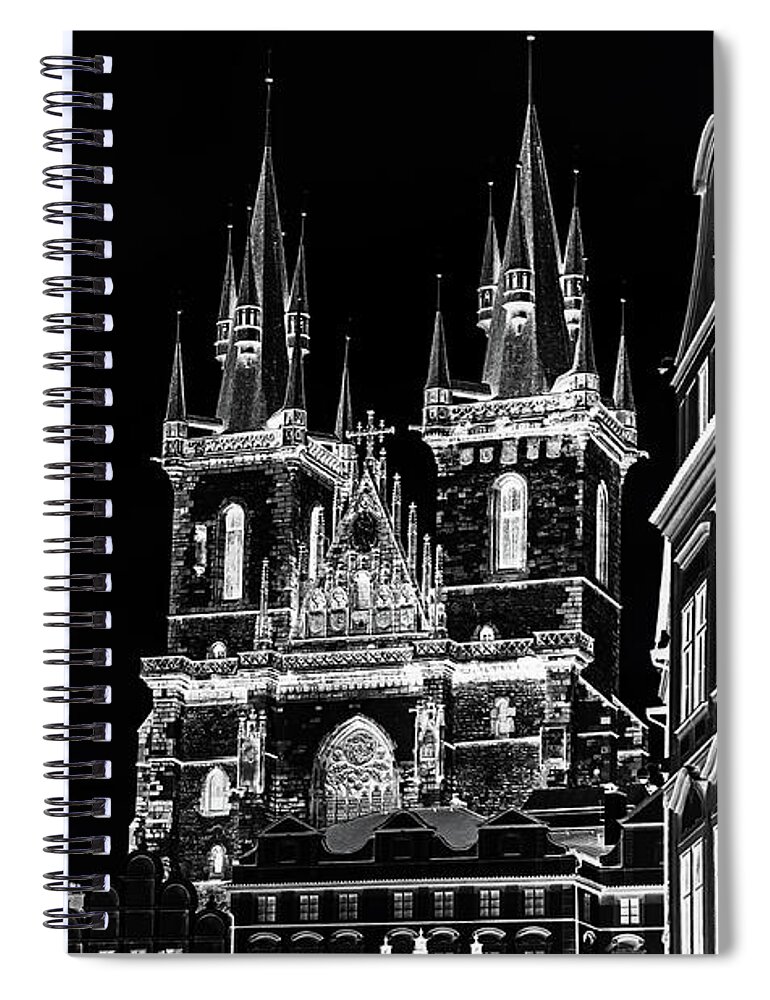 Jenny Rainbow Fine Art Photography Spiral Notebook featuring the photograph Church of Our Lady before Tyn. Night Prague by Jenny Rainbow