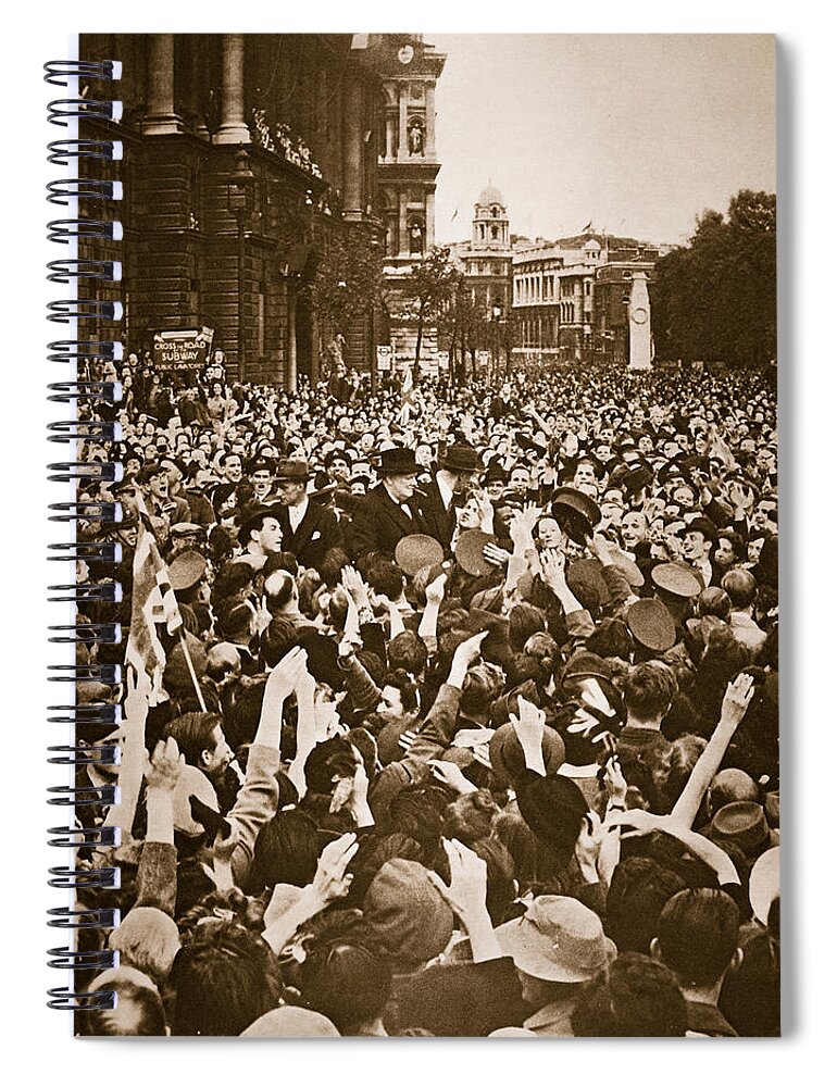 Churchill Spiral Notebook featuring the photograph Churchill mobbed in Whitehall on VE Day by English School
