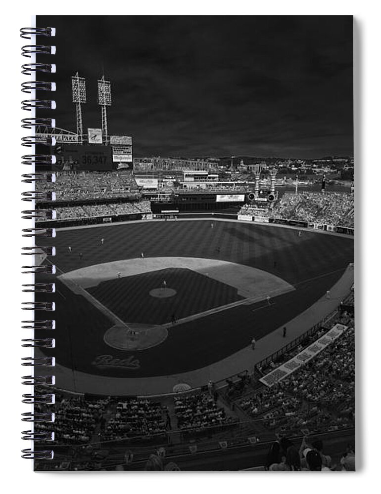 Cincinnati Reds Spiral Notebook featuring the photograph Cincinnati Reds Great America Ballpark Creative 3 Black and White by David Haskett II