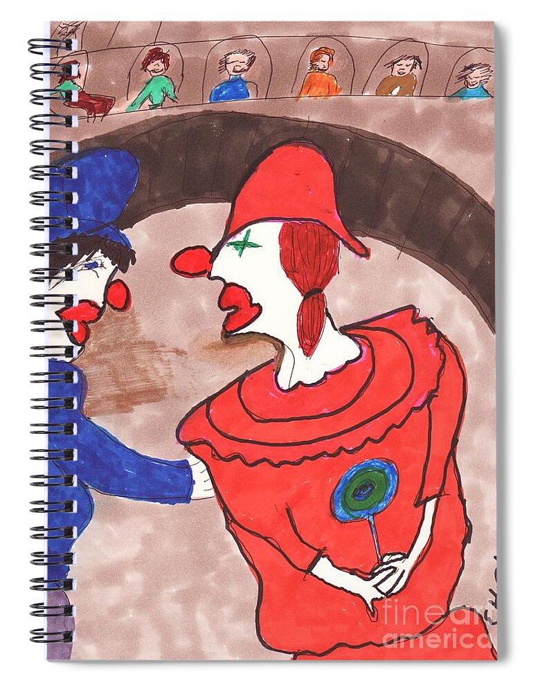2 Clowns Fighting Over A Lolly Pop Spiral Notebook featuring the mixed media Circus Clowns. Belonging to EHR Royal Family Collections by Elinor Helen Rakowski