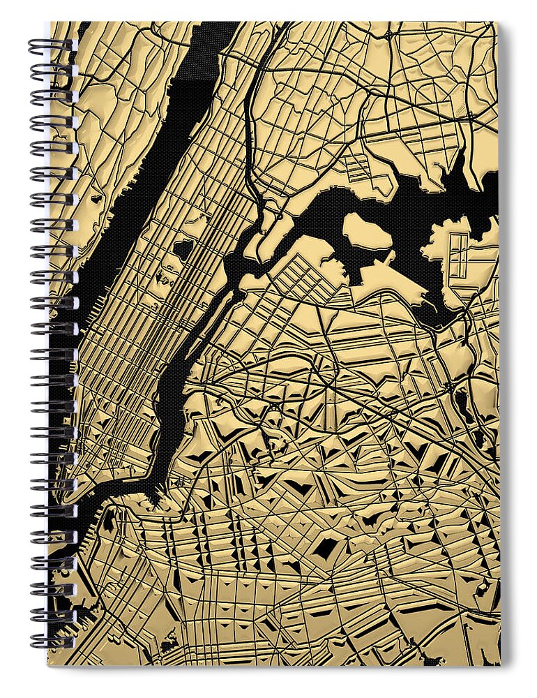 'nyc ' Collection By Serge Averbukh Spiral Notebook featuring the digital art Cities of Gold - Golden City Map New York on Black by Serge Averbukh