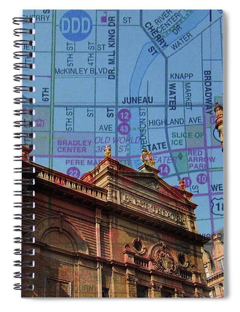 Milwaukee Spiral Notebook featuring the photograph City Hall and Pabst Theater Rooflines w Map by Anita Burgermeister