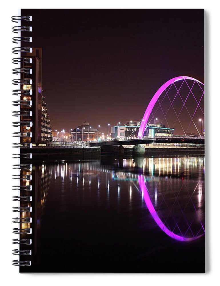 Glasgow Clyde Arc Spiral Notebook featuring the photograph Clyde Arc Night Reflections by Maria Gaellman