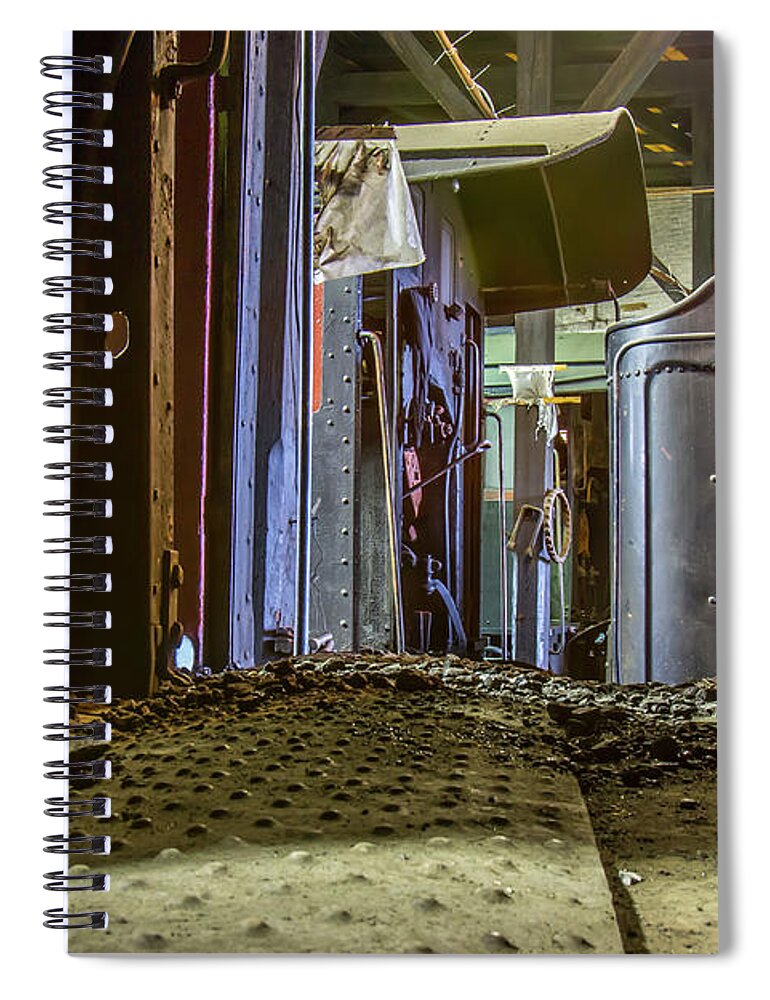 Aging Spiral Notebook featuring the photograph Coal cars in roundhouse by Karen Foley