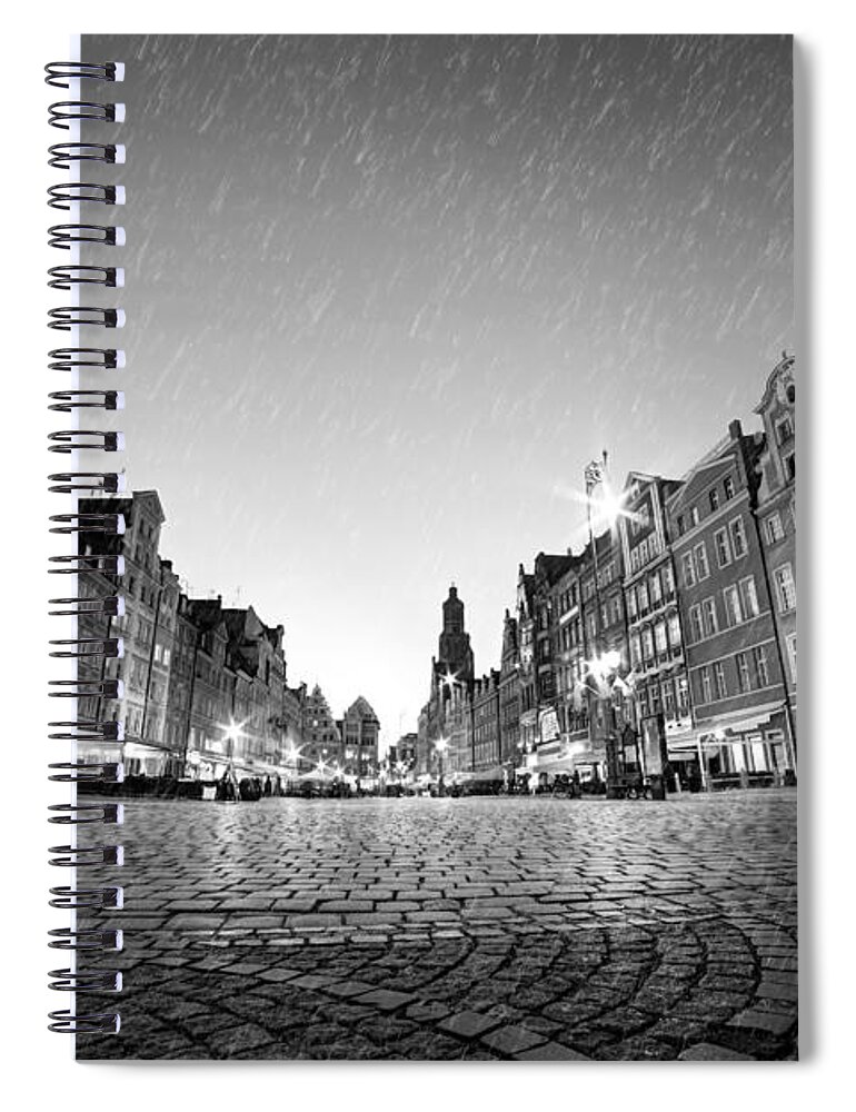 Old Spiral Notebook featuring the photograph Cobblestone historic old town in rain at night Wroclaw by Michal Bednarek