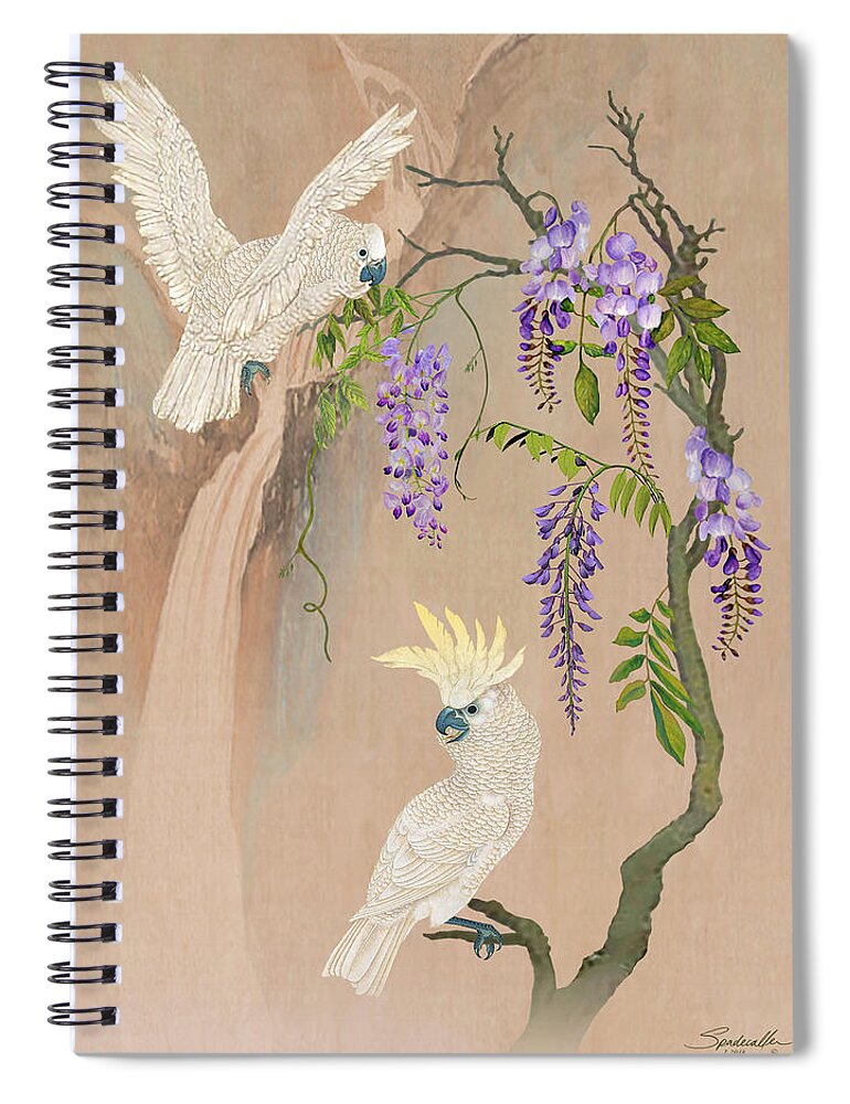 Cockatoo Spiral Notebook featuring the digital art Cockatoos and Wisteria by M Spadecaller