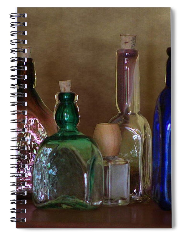 Purple Bottle Spiral Notebook featuring the photograph Collection of Vintage Bottles Photograph by Colleen Cornelius