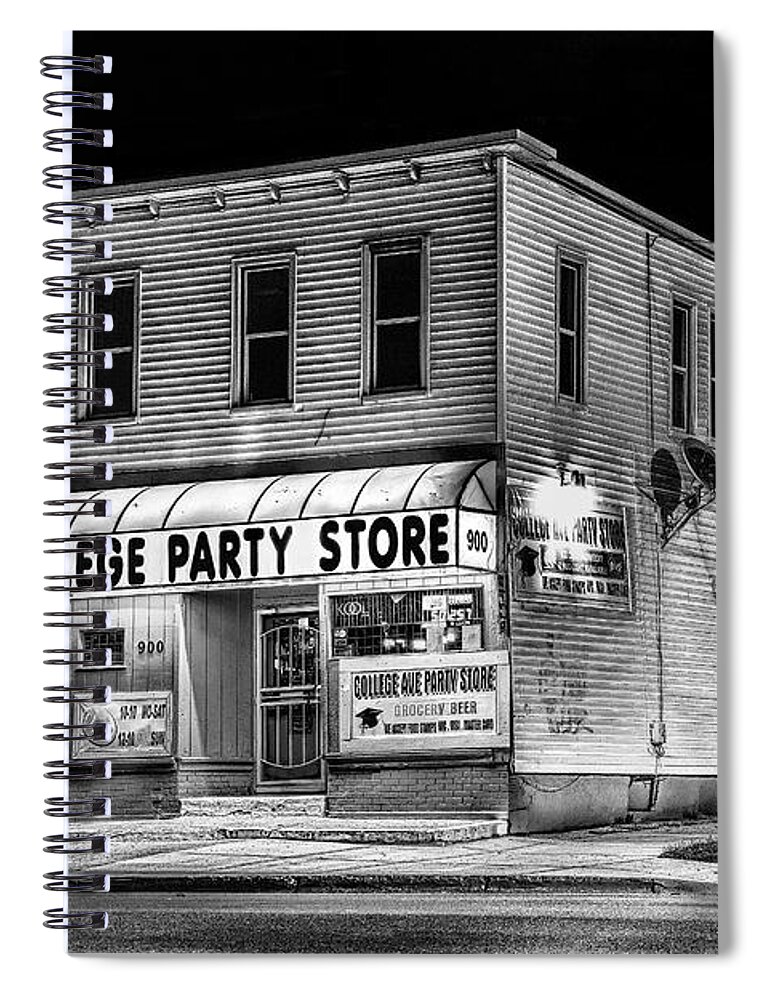Store Spiral Notebook featuring the photograph College Party Store in Black and White by Randall Nyhof