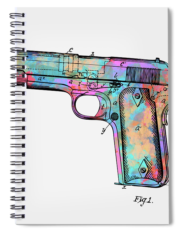 Colt 45 Spiral Notebook featuring the digital art Colorful 1911 Colt 45 Browning Firearm Patent Minimal by Nikki Marie Smith