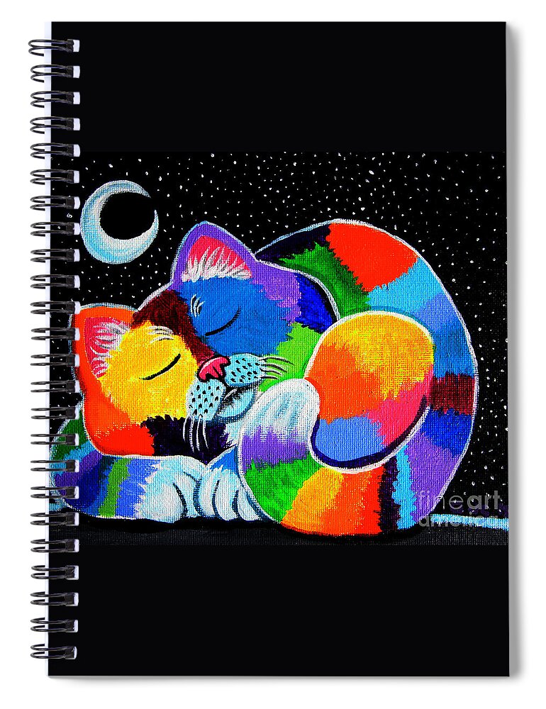 Cat Art Spiral Notebook featuring the painting Colorful Cat in the Moonlight by Nick Gustafson