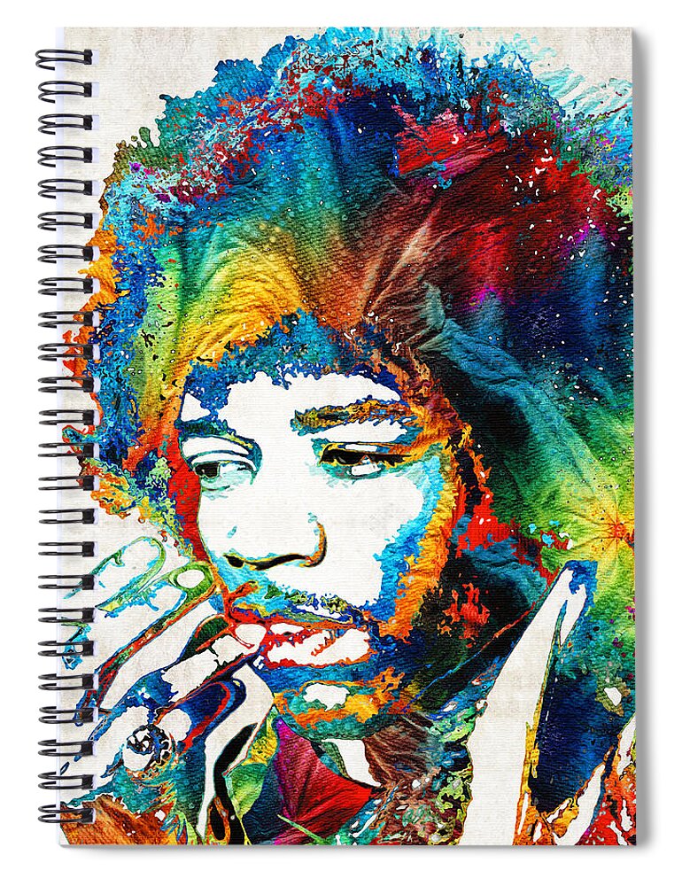 Jimi Hendrix Spiral Notebook featuring the painting Colorful Haze - Jimi Hendrix Tribute by Sharon Cummings