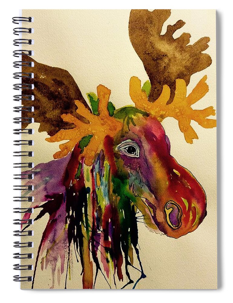 Motley Moose Spiral Notebook featuring the painting Colorful Moose Head - Jewel tone by Ellen Levinson