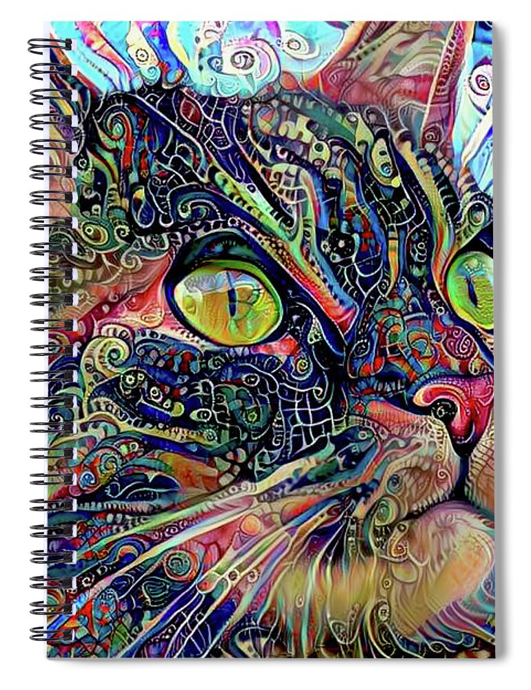 Psychedelic Cat Spiral Notebook featuring the digital art Colorful Psychedelic Cat Art by Peggy Collins