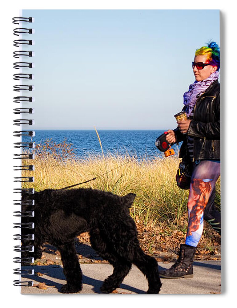Woman Walking Dog Spiral Notebook featuring the photograph Colourful Autumn Beach Walk by Barbara McMahon