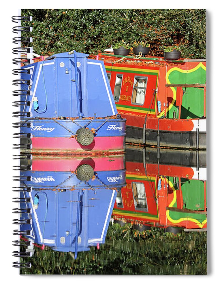 Colourful Canal Boats Barge Wey Canal Surrey Reflections Spiral Notebook featuring the photograph Colourful Canal Boats by Julia Gavin