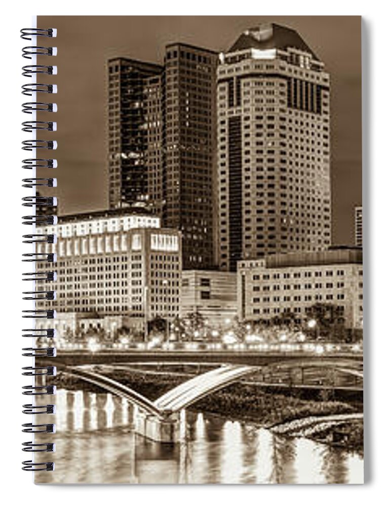 Columbus Panoramic Spiral Notebook featuring the photograph Columbus Skyline Panorama Sepia - Ohio USA by Gregory Ballos