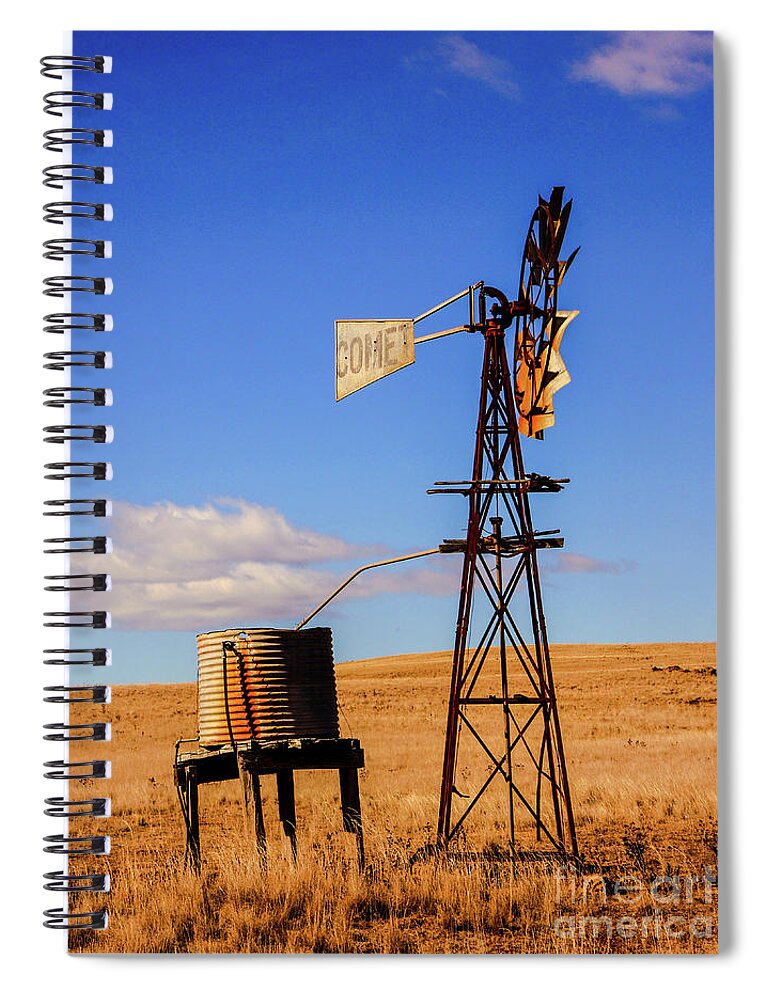 Old Water Windmill In Rural New South Wales Spiral Notebook featuring the photograph Meet Comet the Windmill by Lexa Harpell