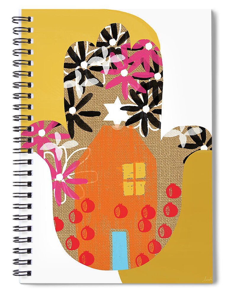 Hamsa Spiral Notebook featuring the mixed media Contemporary Hamsa with House- Art by Linda Woods by Linda Woods