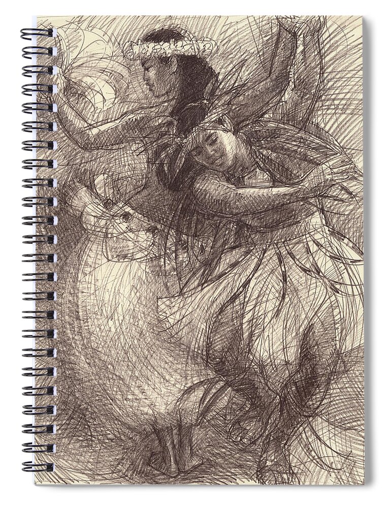 South Pacific Dancer Spiral Notebook featuring the drawing Cook Islands Drum Dancers by Judith Kunzle