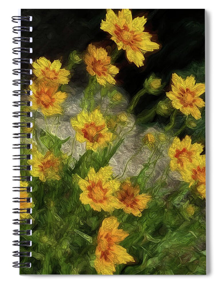 Garden Perennial Spiral Notebook featuring the digital art Coreopsis Tickseed by Leslie Montgomery