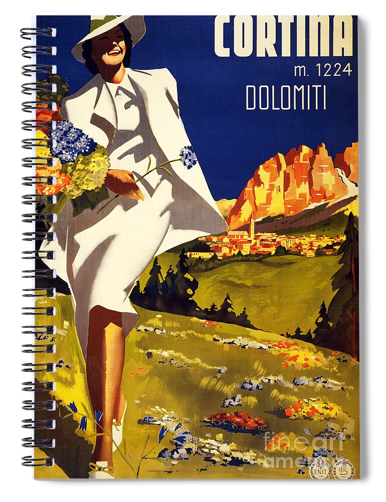Mountains Spiral Notebook featuring the painting Cortina Dolomiti Italy Vintage Poster Restored by Vintage Treasure
