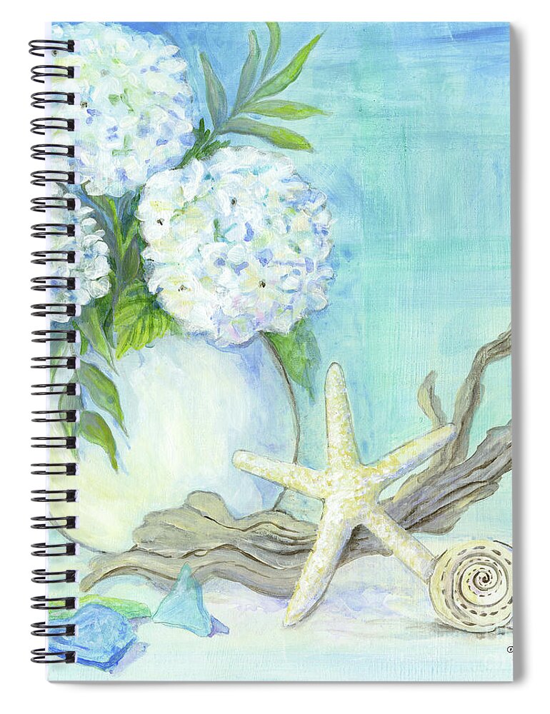 White Hydrangeas Spiral Notebook featuring the painting Cottage at the Shore 1 White Hydrangea Bouquet w Driftwood Starfish Sea Glass and Seashell by Audrey Jeanne Roberts