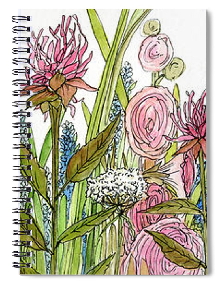Watercolor Spiral Notebook featuring the painting Cottage Hollyhock Garden by Laurie Rohner