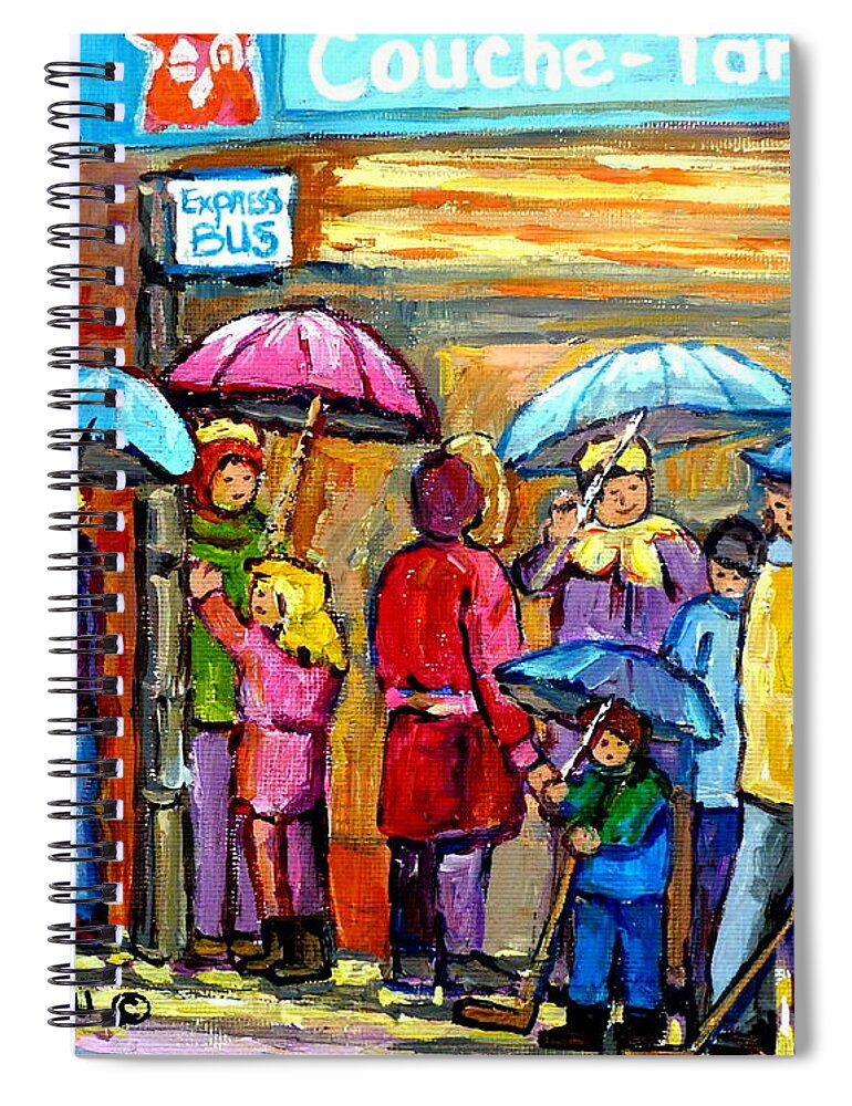 Montreal Spiral Notebook featuring the painting Couche Tard Verdun Depanneur Rainy Day Cityscene Montreal Quebec Streetscene Painting C Spandau Art by Carole Spandau