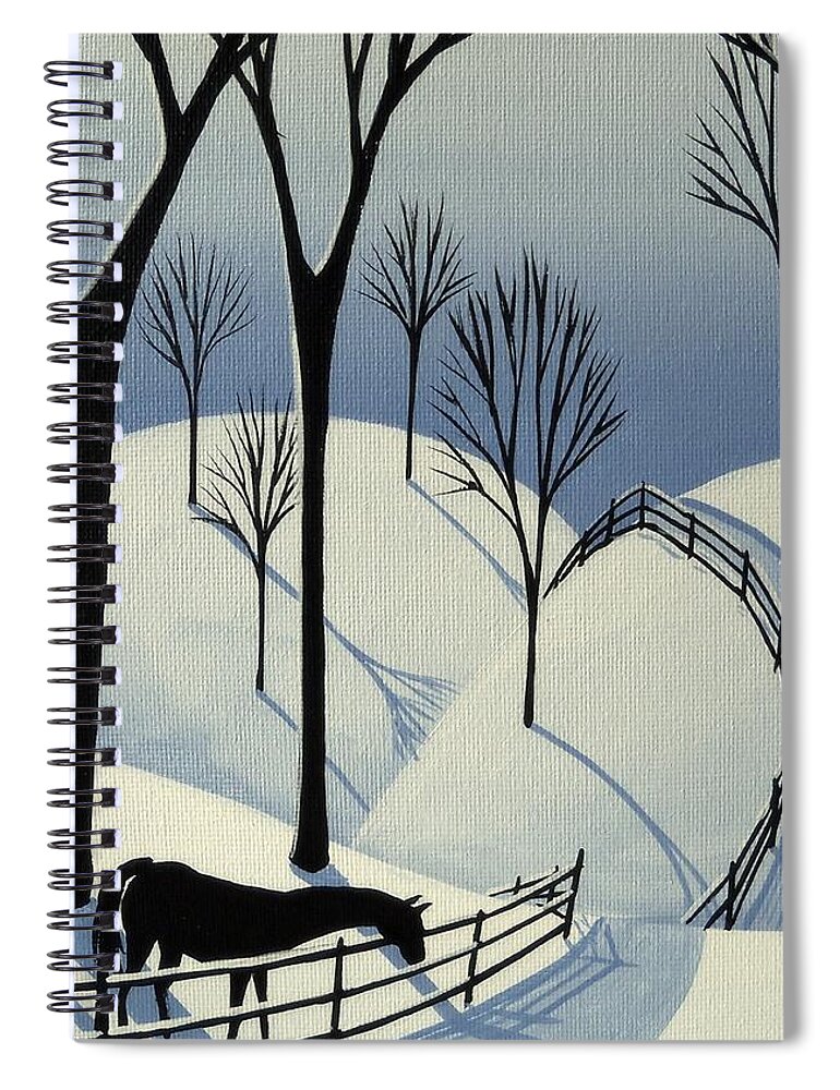 Folk Art Spiral Notebook featuring the painting Country Winter Road - horse snow folk art by Debbie Criswell