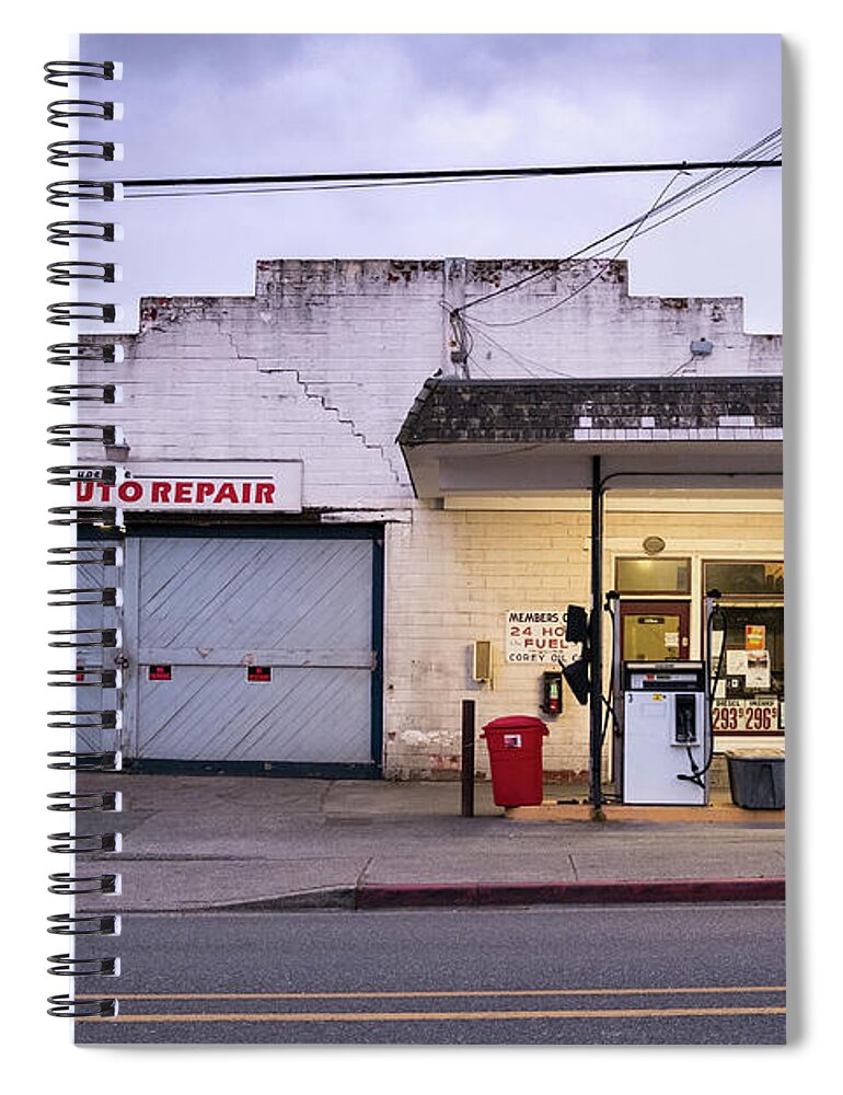Washington Spiral Notebook featuring the photograph Coupeville Auto Repair at Dawn by Mary Lee Dereske