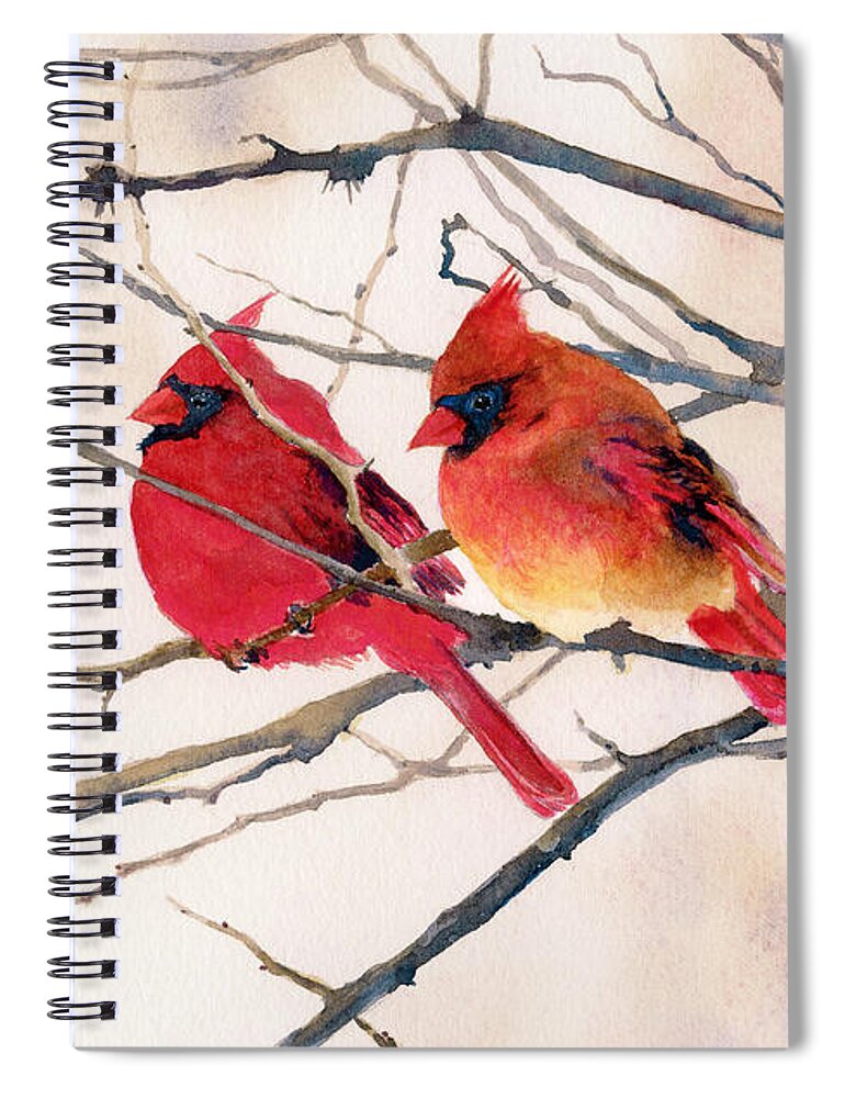 Male And Female Cardinals Sitting Side By Side On A Tree Branch. Spiral Notebook featuring the painting Cozy Couple by Brenda Beck Fisher