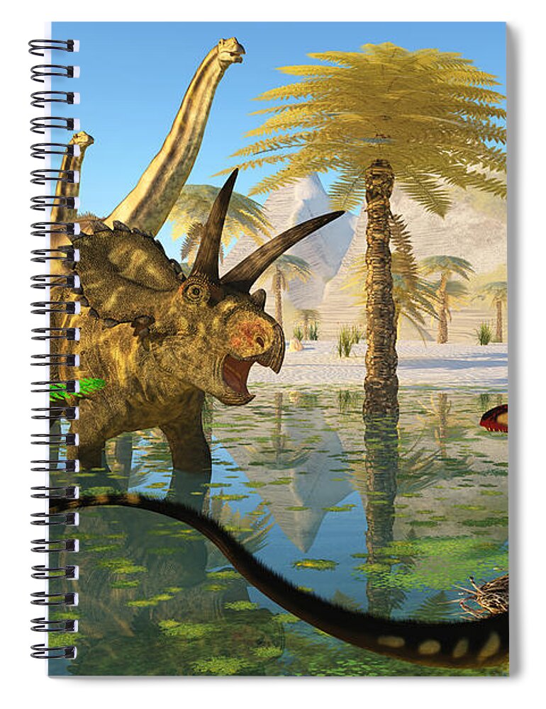 Coahuilaceratops Spiral Notebook featuring the painting Cretaceous Swamp by Corey Ford