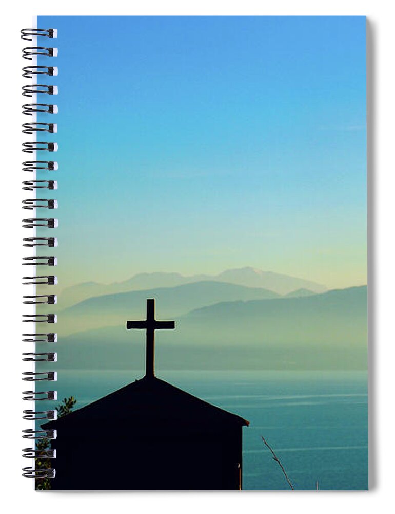 Landscape Spiral Notebook featuring the photograph Cross in front of Misty Mountains of Greece by Susan Vineyard