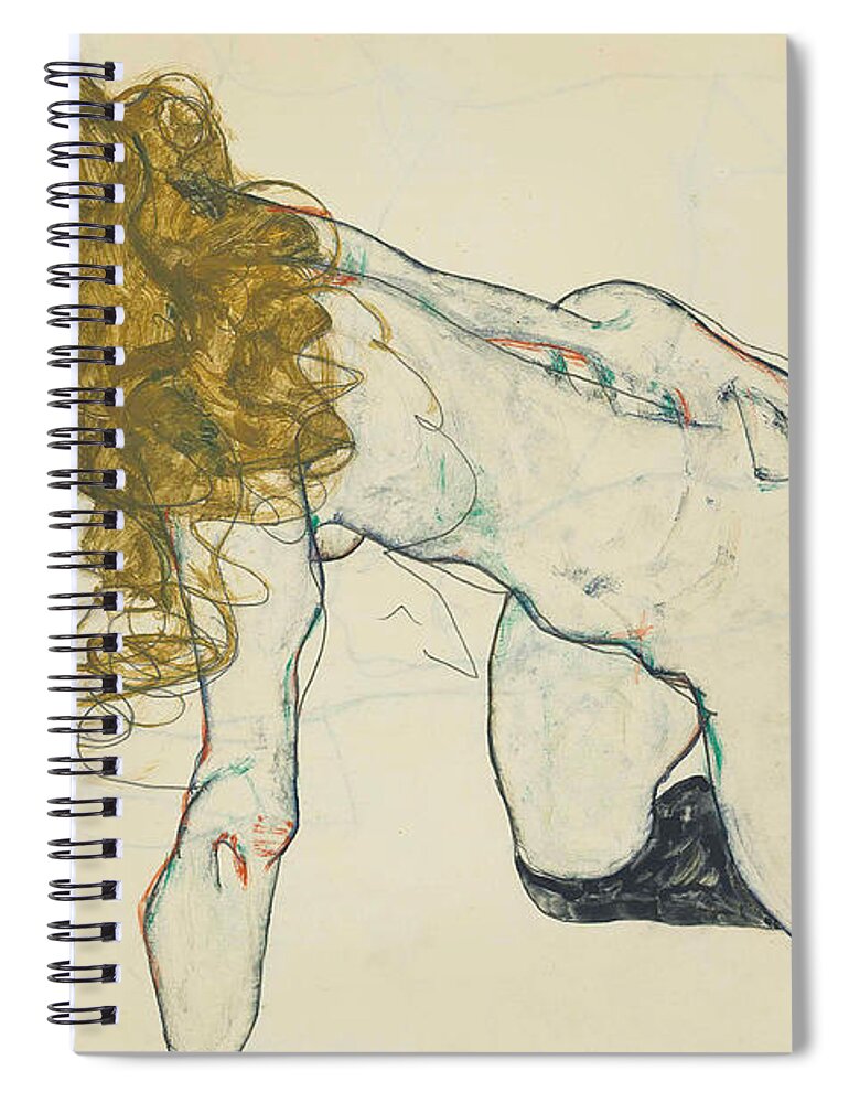 Egon Schiele Spiral Notebook featuring the drawing Crouching Blonde Nude with extended Left Arm by Egon Schiele