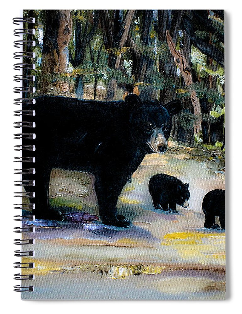 Black Bears Spiral Notebook featuring the painting Cubs with Momma Bear - Dreamy version - Black Bears by Jan Dappen