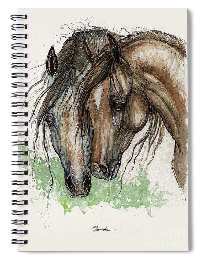 Horse Spiral Notebook featuring the painting Cuddling horses 2011 by Ang El