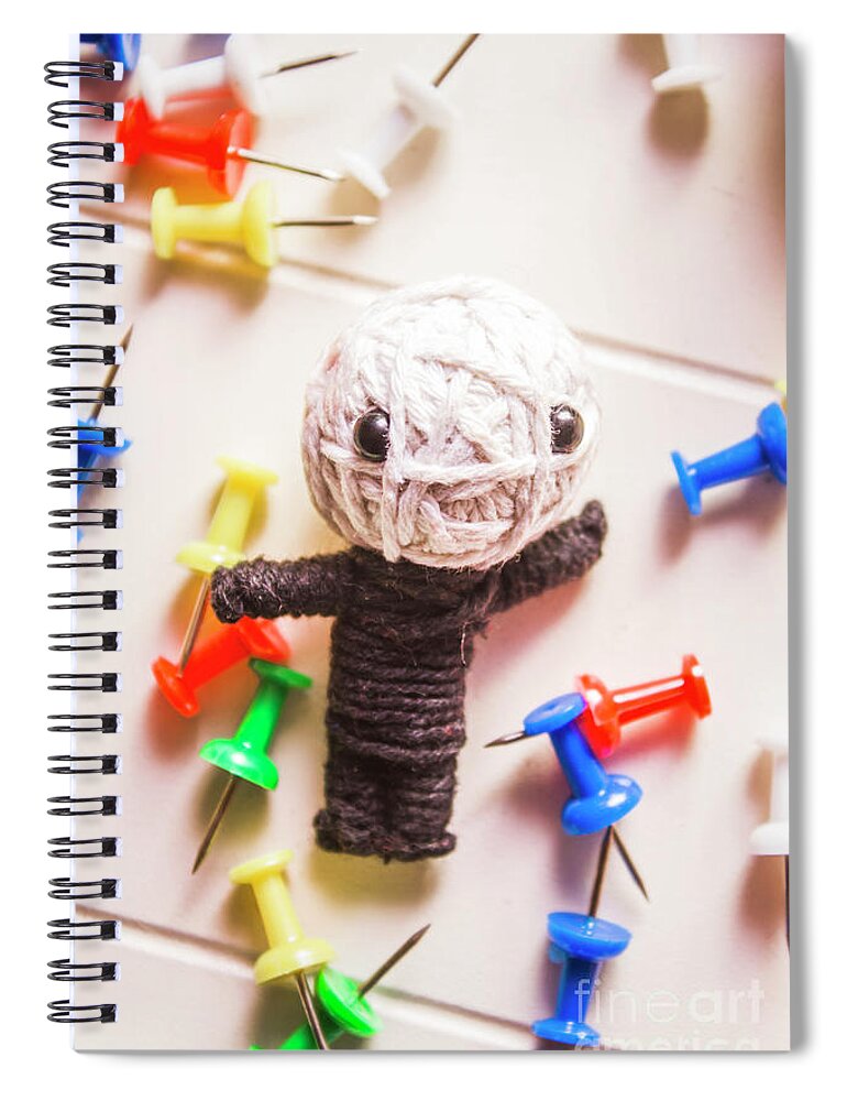 Sorcery Spiral Notebook featuring the photograph Cute doll made from yarn surrounded by pins by Jorgo Photography