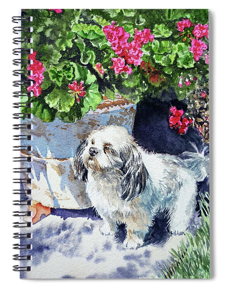 Dog Spiral Notebook featuring the painting Cute Shih Tzu Dog Under Geranium by Irina Sztukowski