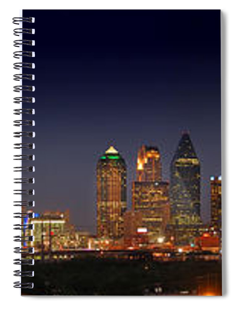 Dallas Skyline Night Spiral Notebook featuring the photograph Dallas Skyline at Dusk Big Moon Night by Jon Holiday